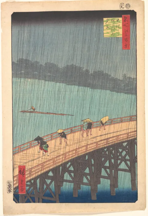 Utagawa Hiroshige, Sudden Shower over Shin-Ōhashi Bridge and Atake